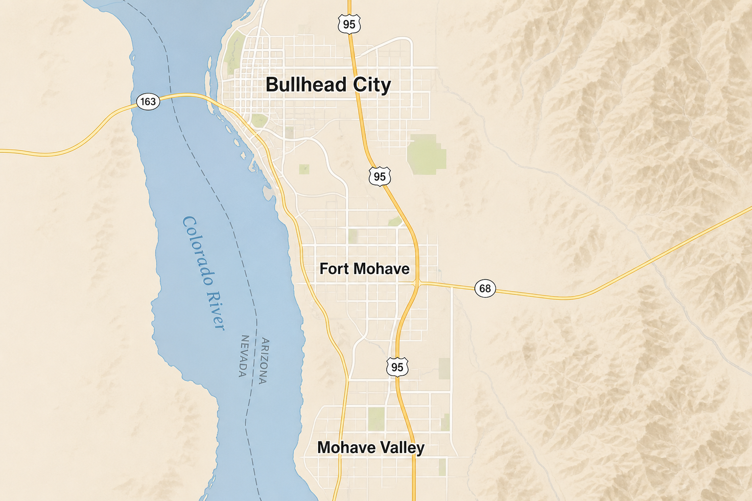 Map showing Ability Concrete's service area covering Bullhead City, Fort Mohave, and Mohave Valley along the Colorado River.